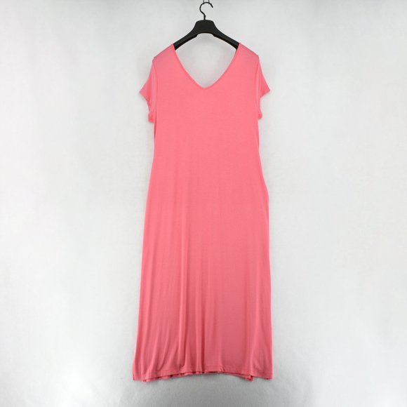 INKIVY Women Pink Soft Jersey Double V-Neck Side Seam Pockets Maxi Nightgown L - Picture 9 of 9